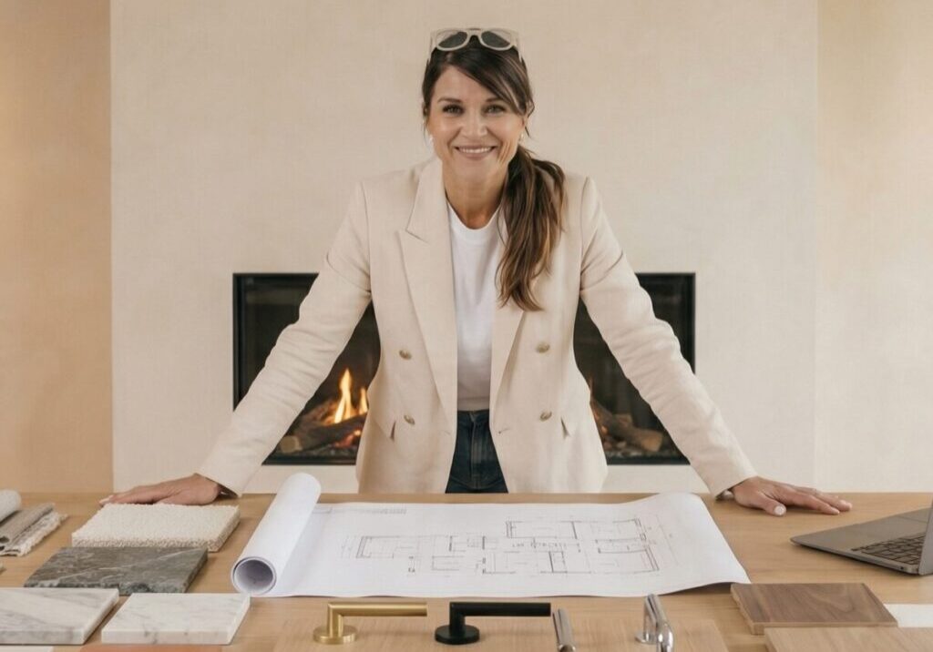 katja marocke in einer arbeitssituation am holztisch mit architektenunterlagen und Materialmustern