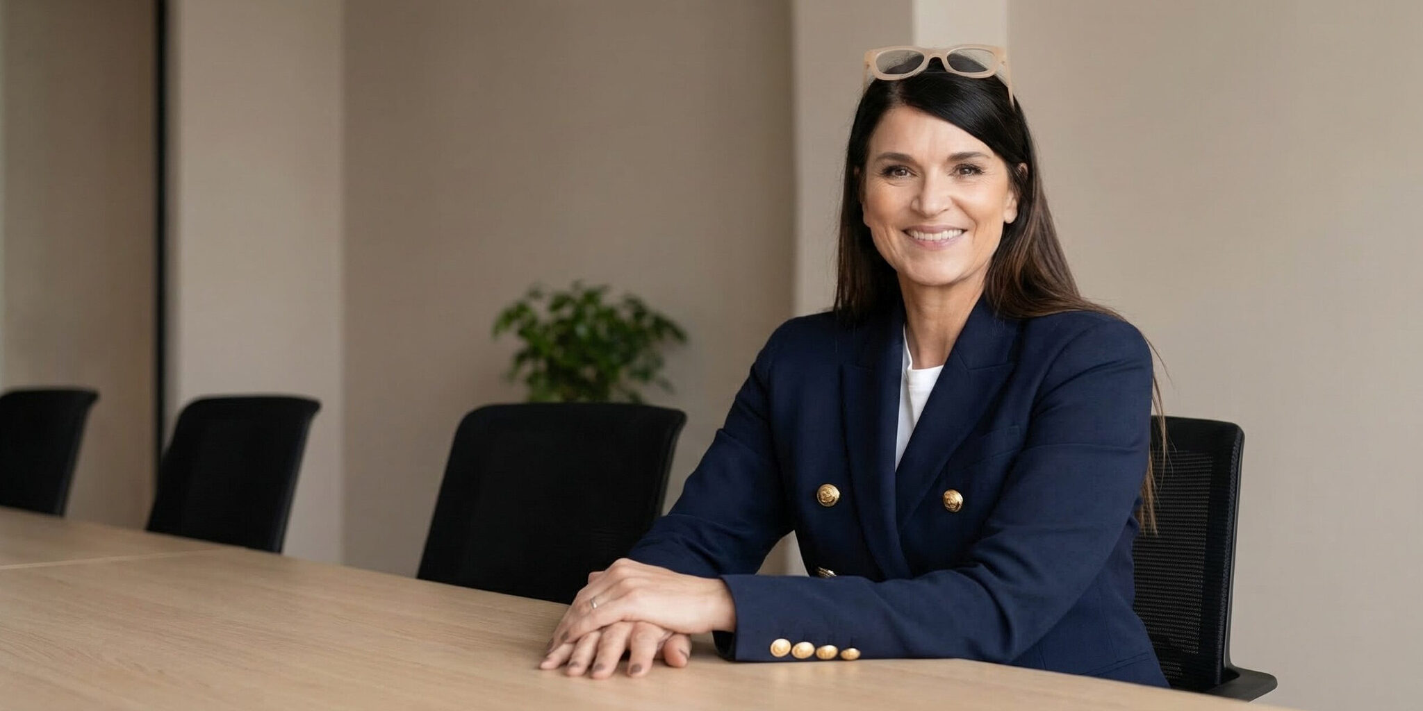 katja-dunkelblauer Blazer Katja A. Marocke im dunkelblauen Blazer an einem Konferenztisch