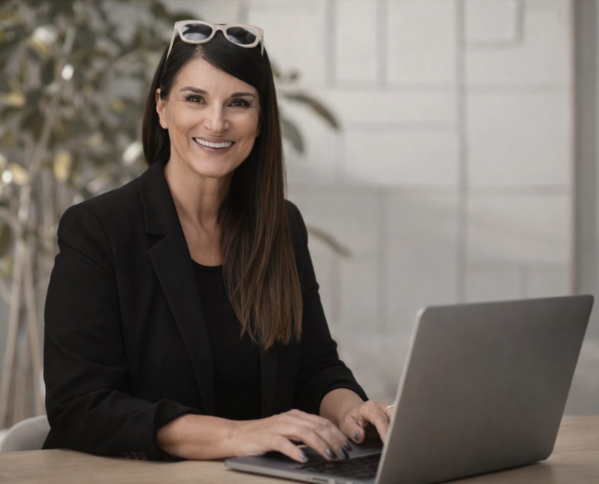 Portrait von Katja A. Marocke bei der Arbeit am Laptop. In der Interior Designers Academy (IDA) können Einrichterinnen und Interior Designerinnen ihren Stundensatz für interior design leisungen direkt berechnen.